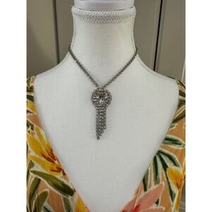 Vintage Rhinestone Statement Necklace‎ Silver Tone Dangle Crystal Cocktail Party